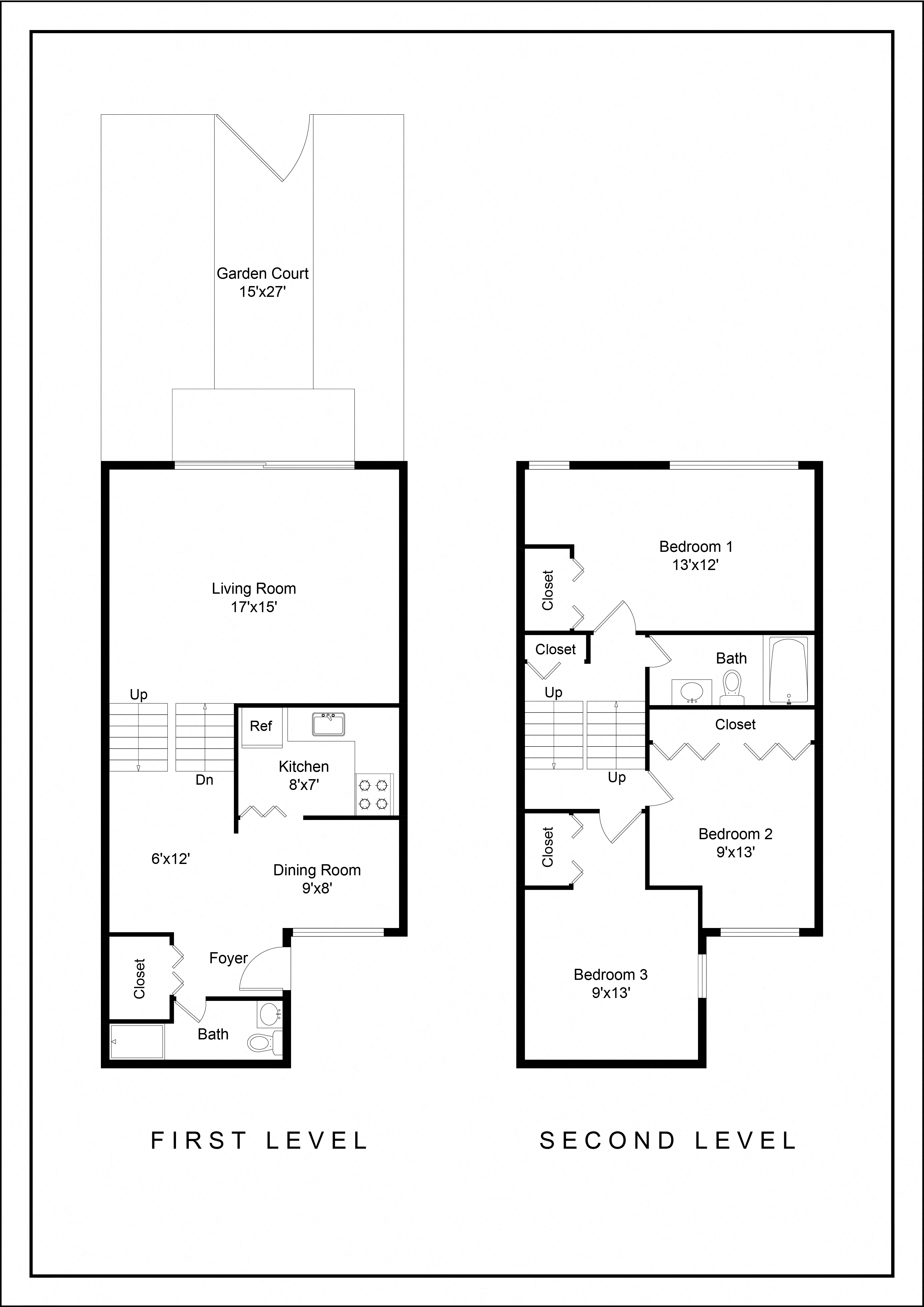Floor plan for 3 beds, 2 baths, 1300 sqft